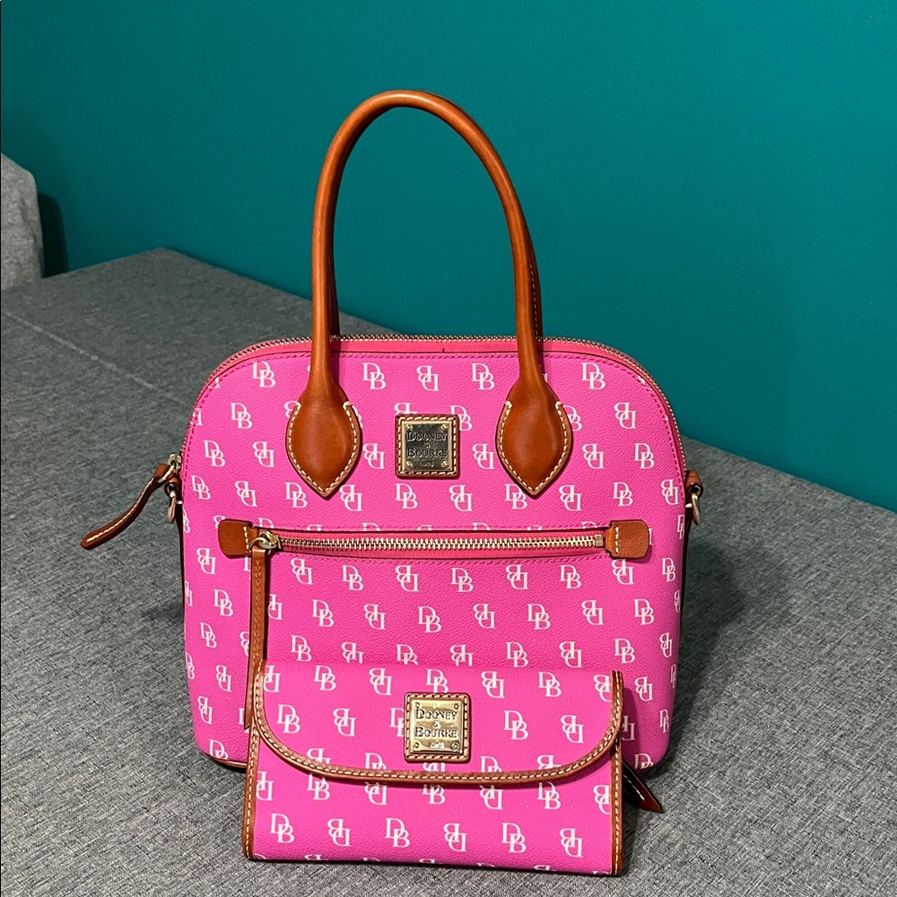 Dooney & Bourke Pink Handbag and Wallet with Brown Trim